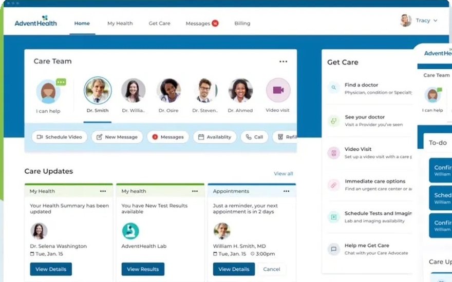 AdventHealth patient portal home screen.