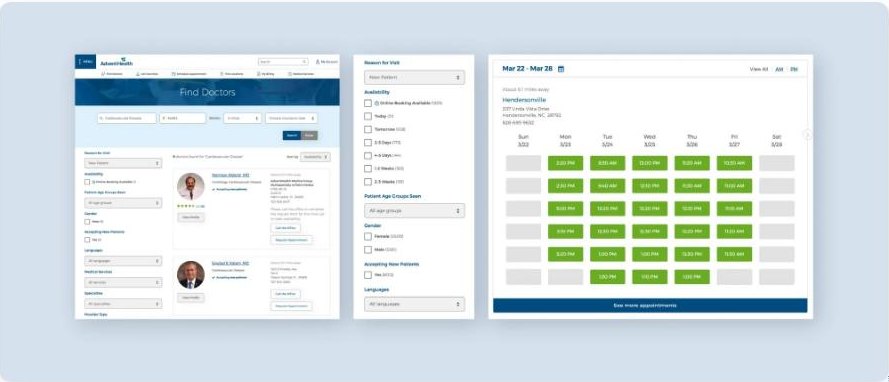 Find Doctors search results with a filter rail and a weekly availability grid of bookable time slots.