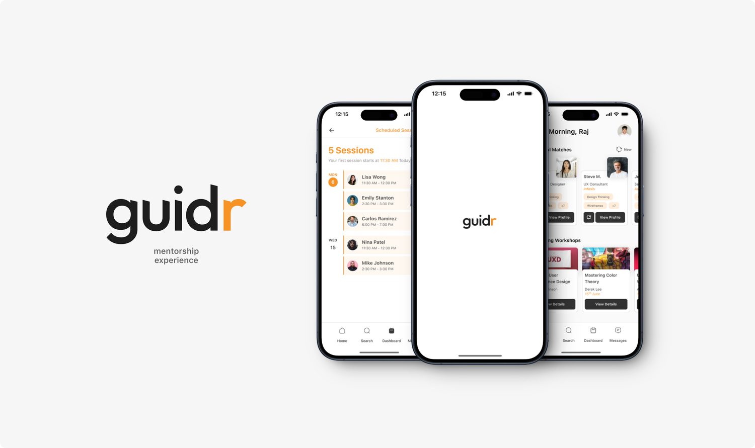 Guidr app screens showing the mentor discovery experience.
