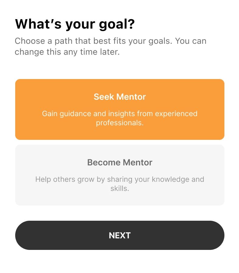 Onboarding question layout with icons distinguishing mentor and mentee roles.