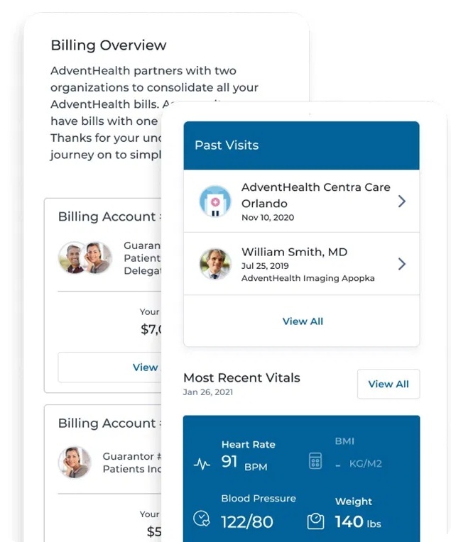 Billing overview with grouped billing accounts, alongside past visits and a most recent vitals card showing heart rate, blood pressure and weight.