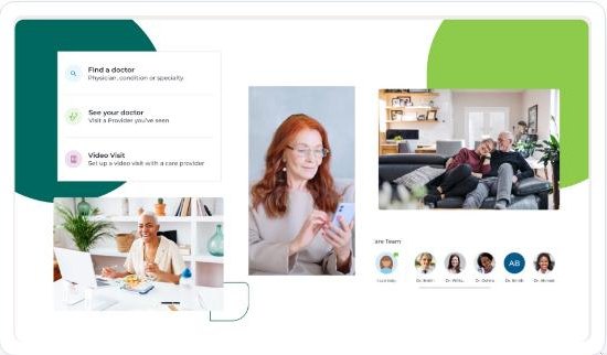 Get Care entry points showing find a doctor, see your doctor and video visit options alongside the care team.