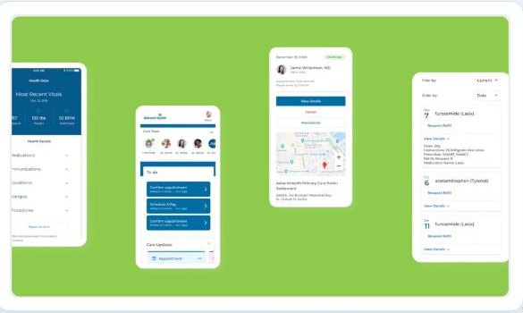 Mobile screens for health data, care team, appointment detail and medication refills.