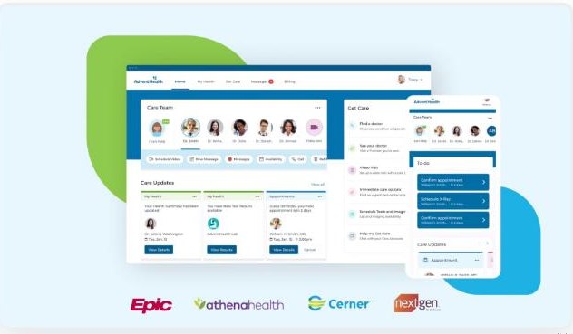 The unified portal home on desktop and mobile, with logos for Epic, athenahealth, Cerner and NextGen beneath.